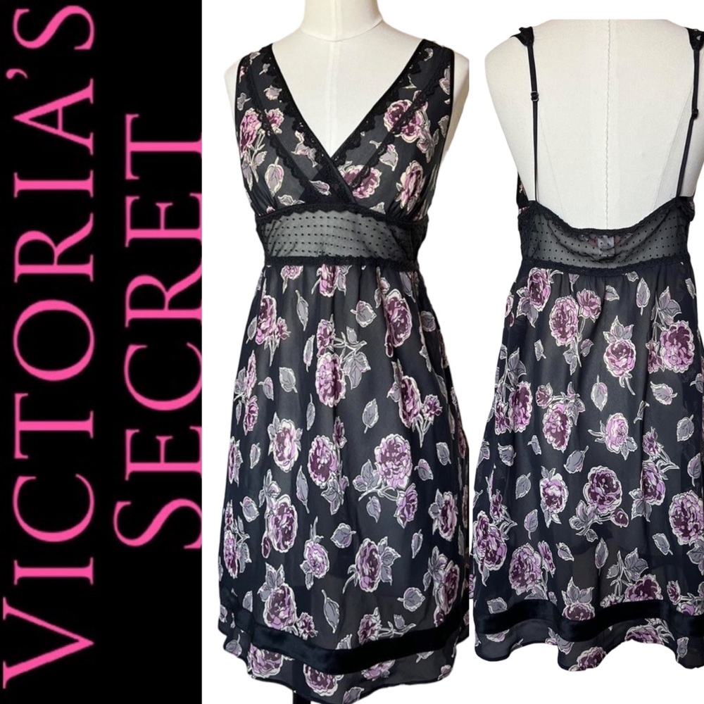 Victoria's SecretVintage Angel Black Purple Sheer Slip Dress Lingerie‎ size XS